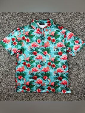 Yatta Golf Mens Large Blue Flamingo Print Golf Hawaiian Short Sleeve Shirt